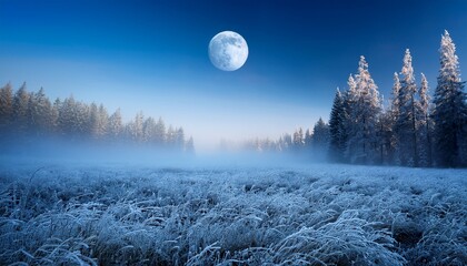Wall Mural - moon over frosted forest meadow in fog in winter