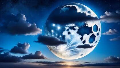 Wall Mural - Moon at night with bright and dark clouds on blue background