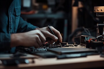 Aufkleber - Detail of Hands Working on Electronic Circuit Board Repairing and Assembling Components in Workshop : Generative AI