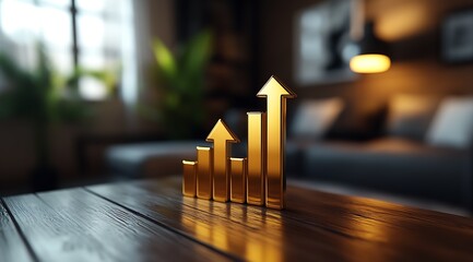 Aufkleber - Golden Chart Increasing with Arrows Representing Growth on a Table in a Modern Room : Generative AI
