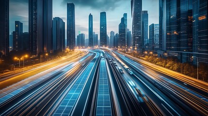 Poster - Vibrant City Scene with Light Trails and Skyscrapers Creating a Dynamic Urban Environment : Generative AI