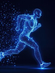 Leinwandbilder - Runner in motion with glowing digital wireframe muscles captured during dynamic freeze in dark environment