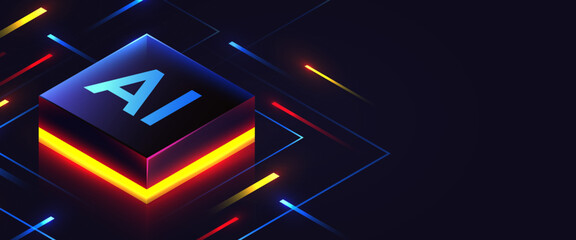 Brightly glowing glass AI chip on circuit board. Technology background. CPU processor on tech bg. Computer microchip on motherboard.