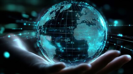 Fototapete - Hand Holding a Glowing Digital Earth with Vivid Information Streams and Data Connections : Generative AI