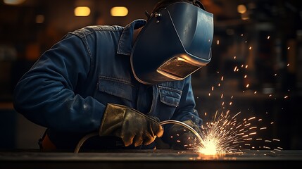 Fototapete - Professional Welder Concentrating on Metalwork with Bright Sparks in a Workshop : Generative AI