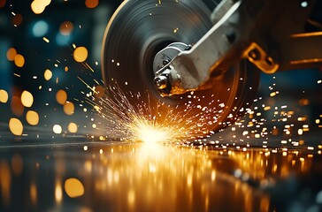 Poster - Intense Close-up of a Metal Grinder Generating Sparks Amid Metal Surface in Workshop Environment Showing Industrial Actions : Generative AI