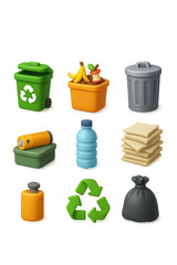 Vibrant 3d icons set for recycling and waste management: diverse and engaging