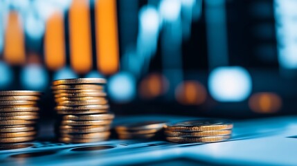 Fototapete - An artistic depiction of coins in focus with a trading chart and market analysis in the background : Generative AI