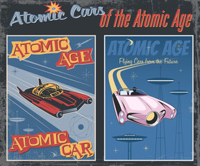 Wall Mural - atomic cars of the atomic age poster set. flying cars from the future, space age colors and shapes, 