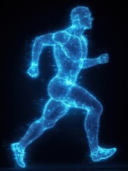 Poster - Dynamic runner silhouette showcasing muscular structure in glowing digital wireframe mesh frozen in motion