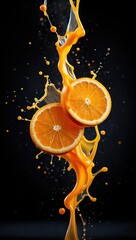 Fototapete - Two oranges in the center surrounded by orange juice splashing from them.