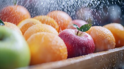 Poster - An Array of Apples and Oranges Sparkling with Water in a Wooden Tray : Generative AI