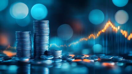 Poster - Elegant arrangement of coins alongside a glowing upward trend graph representing financial growth : Generative AI