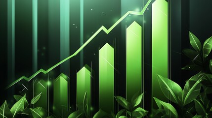 Aufkleber - Dynamic Green Bar Chart Featuring Nature Elements and Positive Financial Trends for Eco Awareness : Generative AI