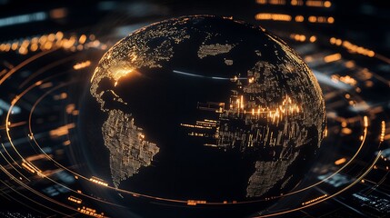 Fototapete - Dynamic Virtual Globe Visualization with Bright Networks and Data Streams Showcasing Global Interactions : Generative AI