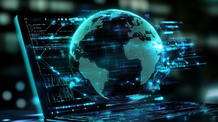 Fototapete - Laptop Screen Showcasing a Digital Earth with Data Streams and Global Connections in a Tech Environment : Generative AI