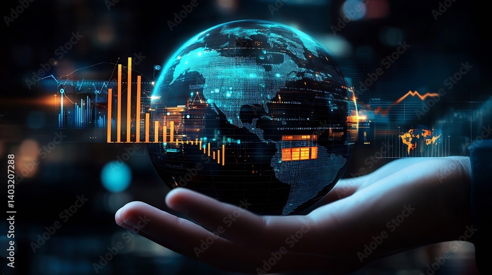 Hand holding glowing globe with data visualization and modern ...