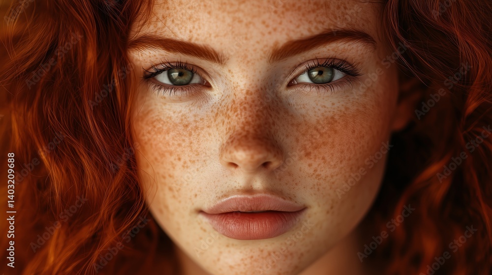 Portrait of a young woman with curly red hair and striking green eyes ...