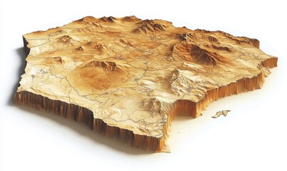 3d relief map of island terrain, showing mountains and roads, isolated on white; for geography educa