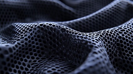 Close up of black mesh fabric texture for backgrounds and designs with perforated pattern and textile detail