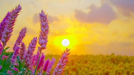 Wall Mural - Vibrant Pink Flowers Against a Golden Sunrise in a Tranquil Outdoor Landscape