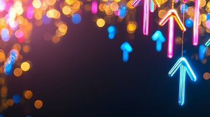 Wall Mural - Colorful Neon Arrows Pointing Upwards Against a Sparkling Bokeh Background