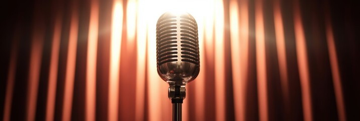 Poster - Retro microphone illuminated on stage with dramatic curtain backdrop in a theatrical setting during a speech event