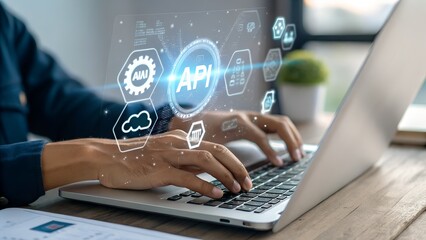 api application programming interface concept. a programmer types on a laptop, interacting with digi