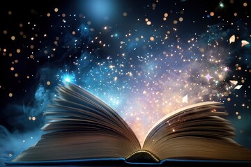 Wall Mural - An Open Book Emanating Bright Magical Lights Into The Dark Sky