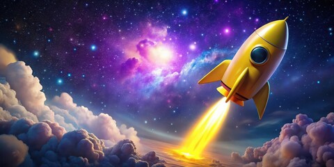 Wall Mural - A bright yellow toy rocket zooms across a starry night sky, with swirling clouds of purple and blue gas, highlighting the thrill of discovery in space travel , galaxy, space exploration