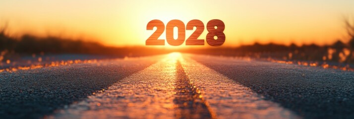 Poster - Asphalt road leading to 2028 with wooden numbers against a sunset backdrop, representing aspirations and the future ahead