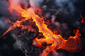 Wall Mural - volcano eruption from a bird view. volcano crater and magma flow shot from above. genertated ai.
