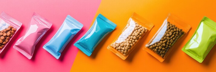 Poster - Sleek packaging design mockups for colorful dry and wet pet food arranged in rows on vibrant backgrounds