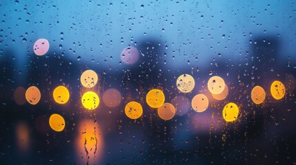 Leinwandbilder - Soft raindrops on a foggy window reveal blurred city lights creating a nostalgic atmosphere at twilight
