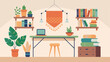 © Justlight - A workspace with a large desk floating shelves filled with plants and books and a woven wall hanging as a statement piece.