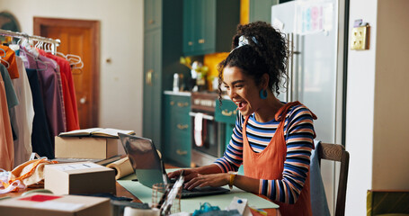 Woman, laptop and excited for small business, ecommerce and fashion boutique startup with online sales. Designer, success and digital website for internet store, retail service and quality control