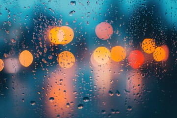 Leinwandbilder - Raindrops on a foggy window reveal blurred city lights, evoking a nostalgic feel during a rainy evening in an urban setting
