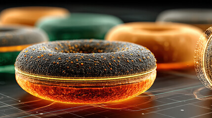 Poster - collection of futuristic, holographic donut shapes in vibrant colors, resembling charts and graphs, are suspended in digital space. scene is illuminated with glowing effect