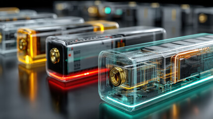 Aufkleber - Futuristic solid state batteries are displayed with transparent casings, showcasing intricate internal structures and vibrant colors, symbolizing advanced energy technology