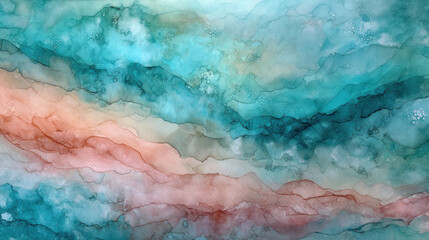 Wall Mural - ethereal ink wash painting, swirls of ocean teal, muted coral