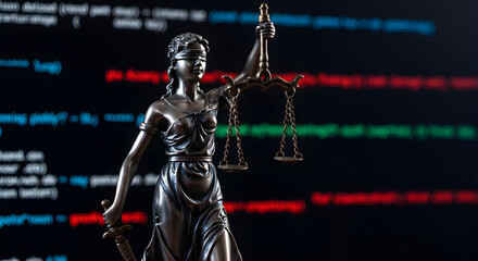 Lady Justice Statue with Scales and Sword Overlying Binary Code with Teal and Red Highlighting