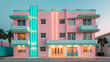 © Mini Minami - vibrant, pastel colored apartment building with neon accents, showcasing Miami iconic Art Deco style and lively atmosphere