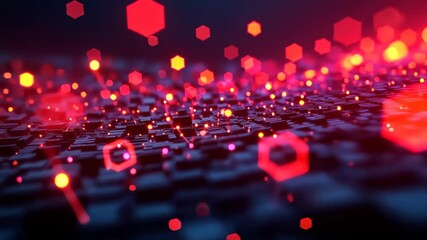 Leinwandbilder - Glowing Hexagons Dance Over a Futuristic, Pulsating Grid of Light and Shadow