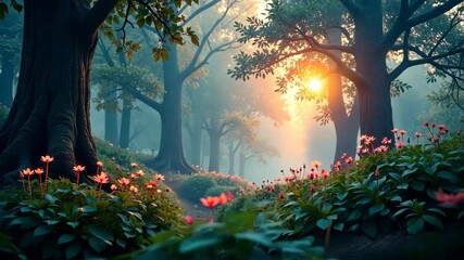 Poster - Enchanted Forest Pathway A Serene Journey Through Misty Woods and Blooming Flowers