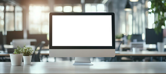 Wall Mural - realistic led computer screen on table in office with empty display for inserting custom graphics, b