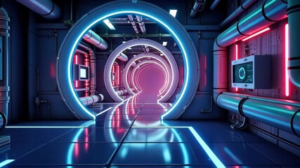 Poster - Neon Glowing Circular Doorway in Futuristic Corridor with Pipes and Displays