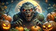 © MILON - A spooky halloween scene featuring a monster with pumpkins and a full moon in the background