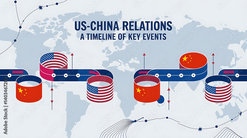 A timeline banner with key moments marked by US and China flag ...