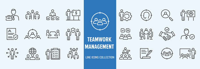 Business teamwork icon set. Containing team working together, partnership, work group, agreement, handshake, support, structure hierarchy, collaboration, co-worker, cooperation. vector illustration
