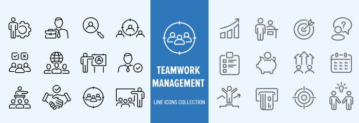 Business teamwork icon set. Containing team working together, partnership, work group, agreement, handshake, support, structure hierarchy, collaboration, co-worker, cooperation. vector illustration